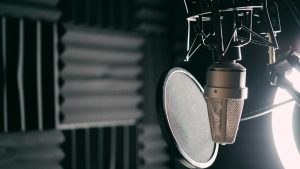 Close-up of a condenser microphone with pop filter in a professional sound studio.