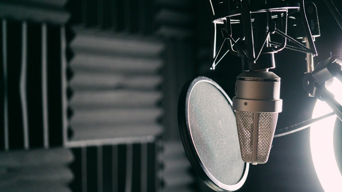Close-up of a condenser microphone with pop filter in a professional sound studio.
